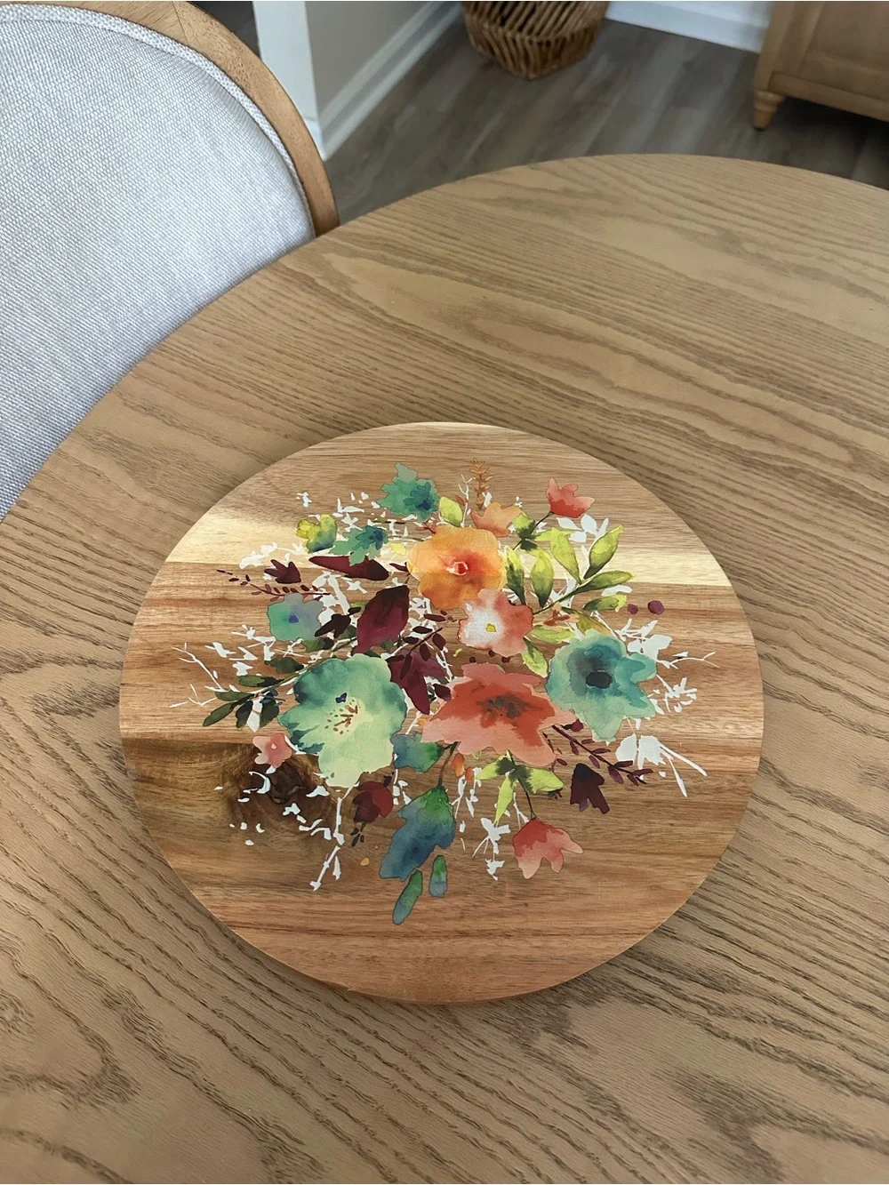The Pioneer Woman Floral Wooden Round Board - Teal, Orange, Green, Coral 12”